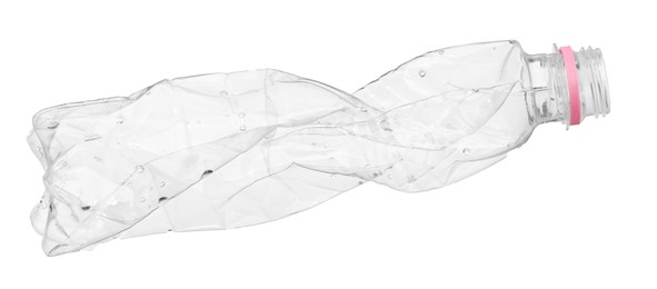 Photo of Crumpled disposable plastic bottle isolated on white