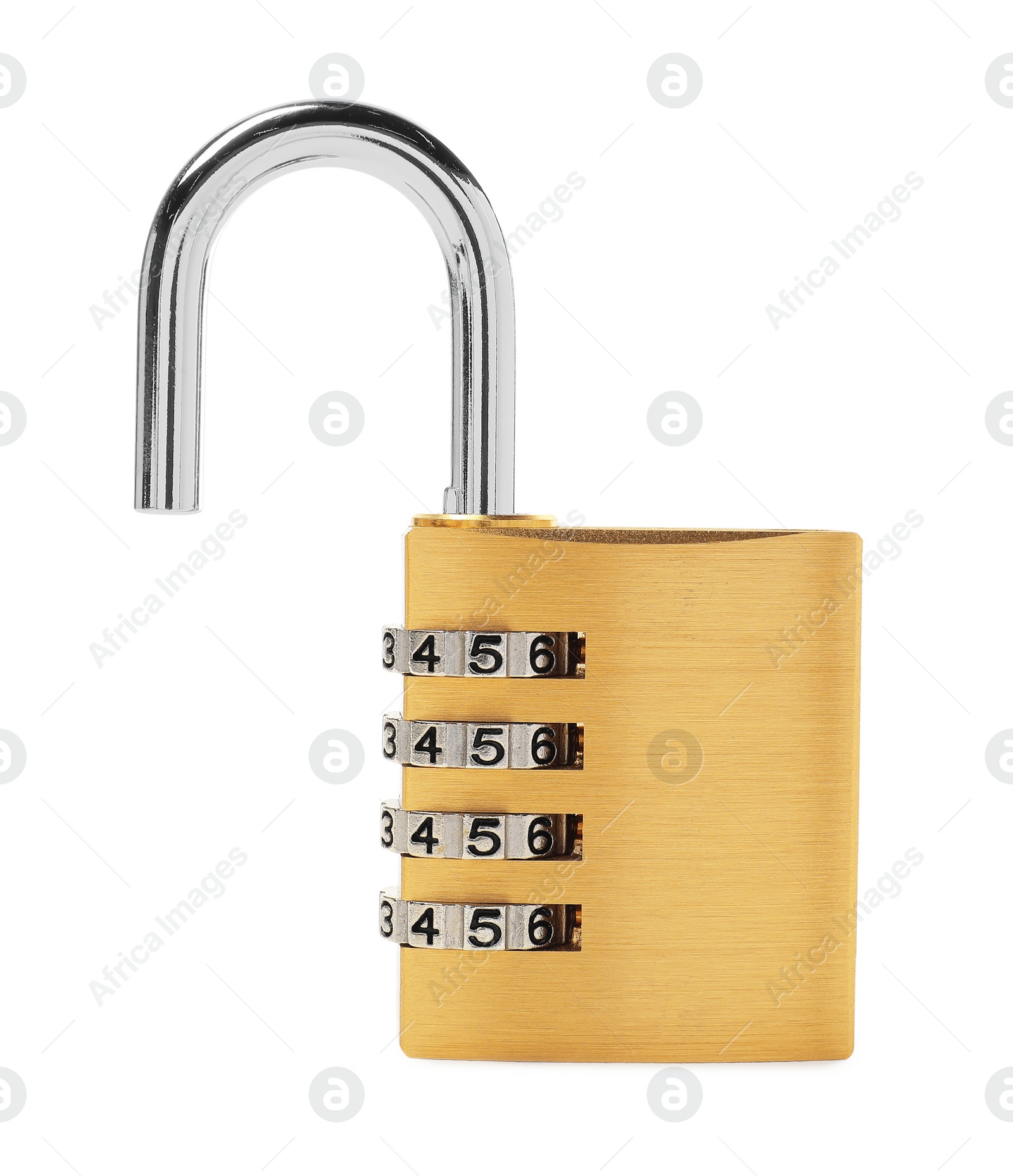 Photo of Unlocked steel combination padlock isolated on white