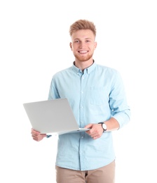 Photo of Young man with laptop on white background