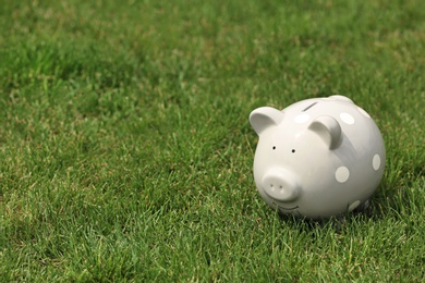 Photo of Cute piggy bank on green grass outdoors. Space for text