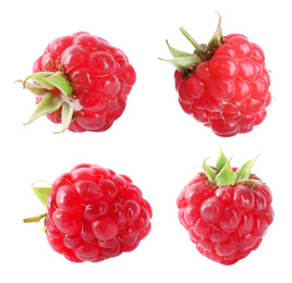 Set of fresh ripe raspberries on white background