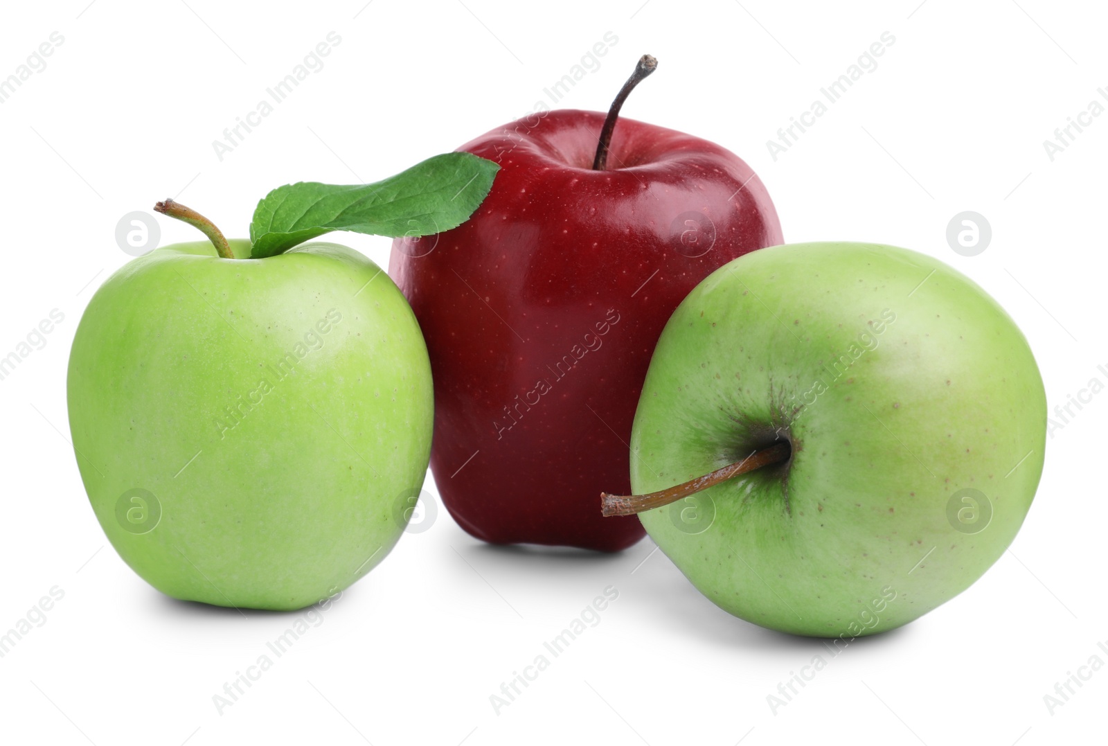 Photo of Fresh ripe green and red apples on white background