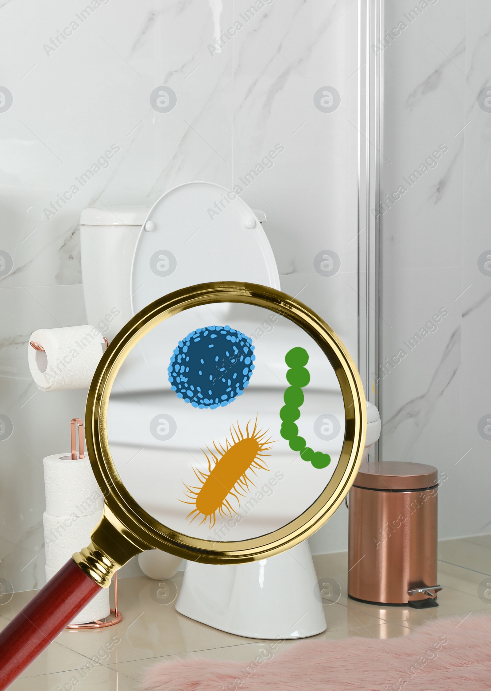 Image of Magnifying glass and illustration of microbes on toilet bowl in bathroom