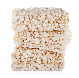 Photo of Delicious rice crispy treats isolated on white