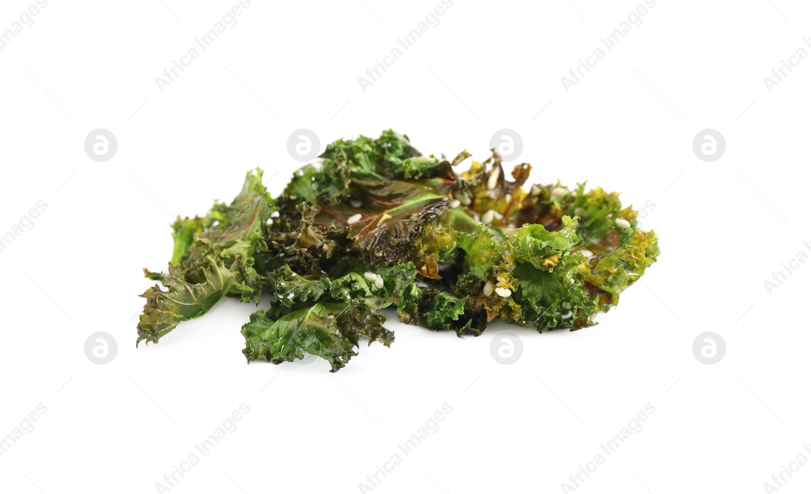 Photo of Tasty baked kale chips isolated on white