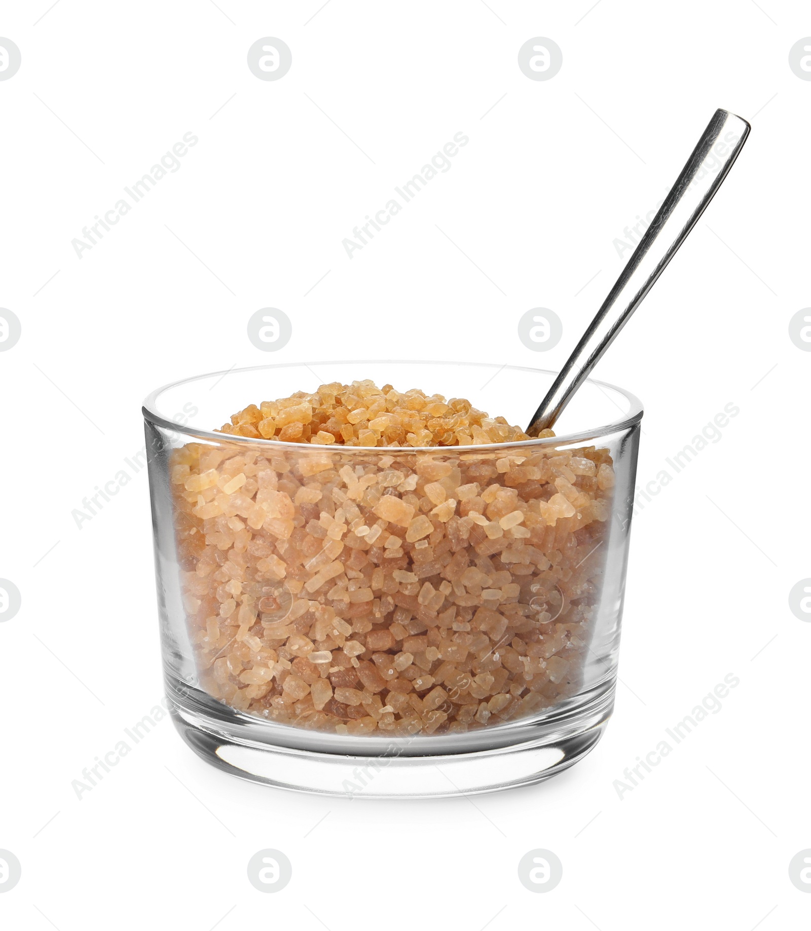 Photo of Glass bowl with brown sugar and spoon isolated on white
