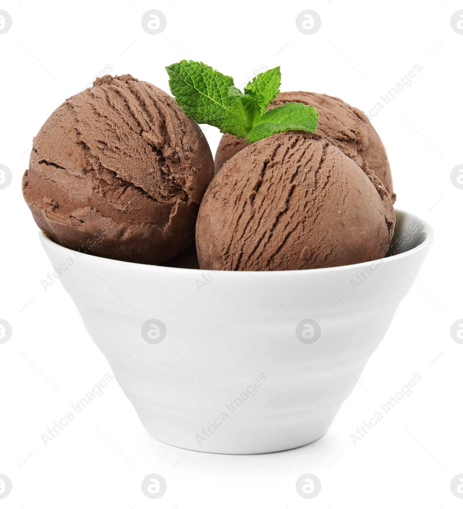 Photo of Bowl of tasty chocolate ice cream with mint isolated on white