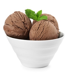 Photo of Bowl of tasty chocolate ice cream with mint isolated on white