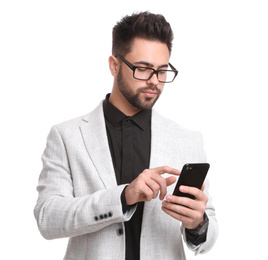 Young businessman with smartphone on white background