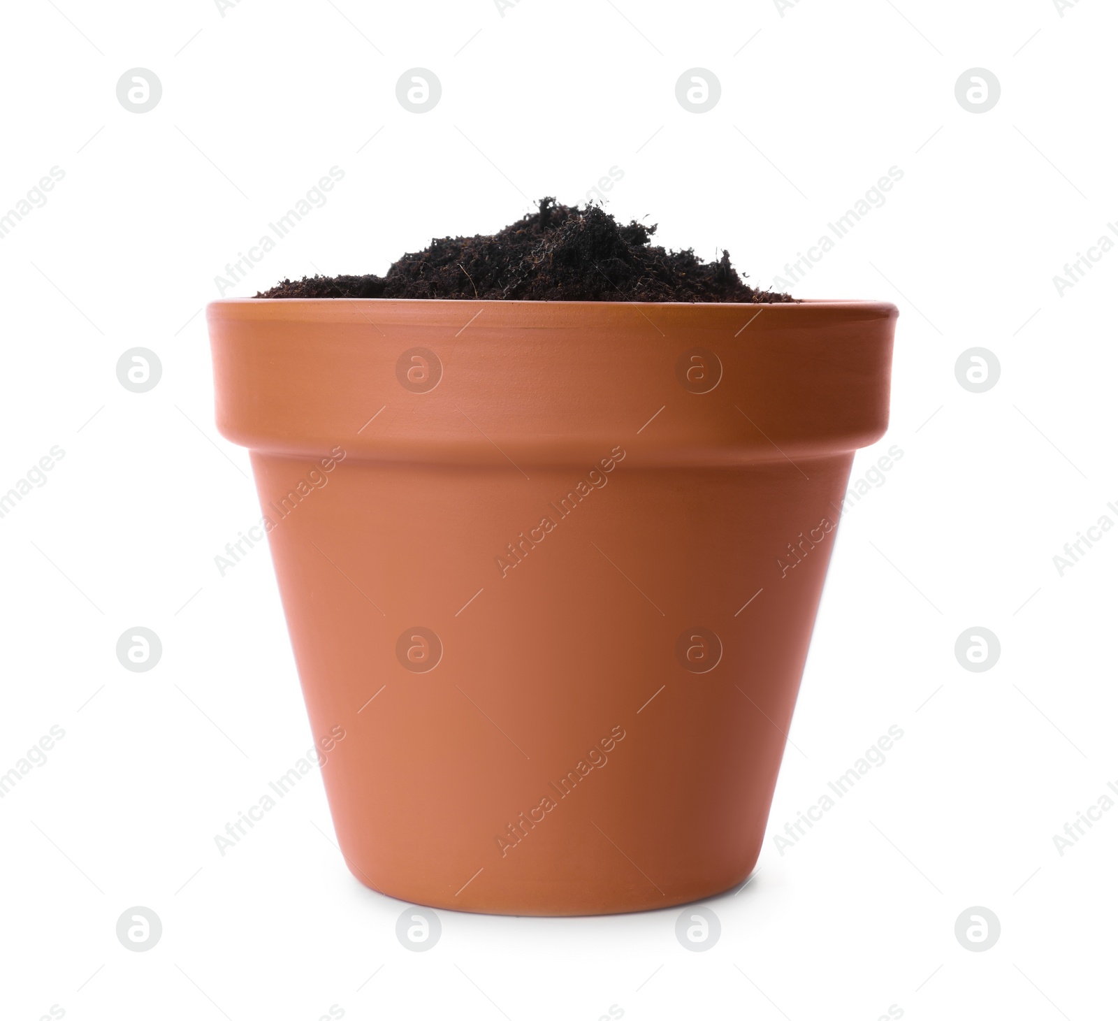 Photo of Stylish terracotta flower pot with soil isolated on white