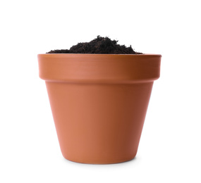 Stylish terracotta flower pot with soil isolated on white