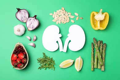 Photo of Paper cutoutkidneys and different healthy products on green background, flat lay