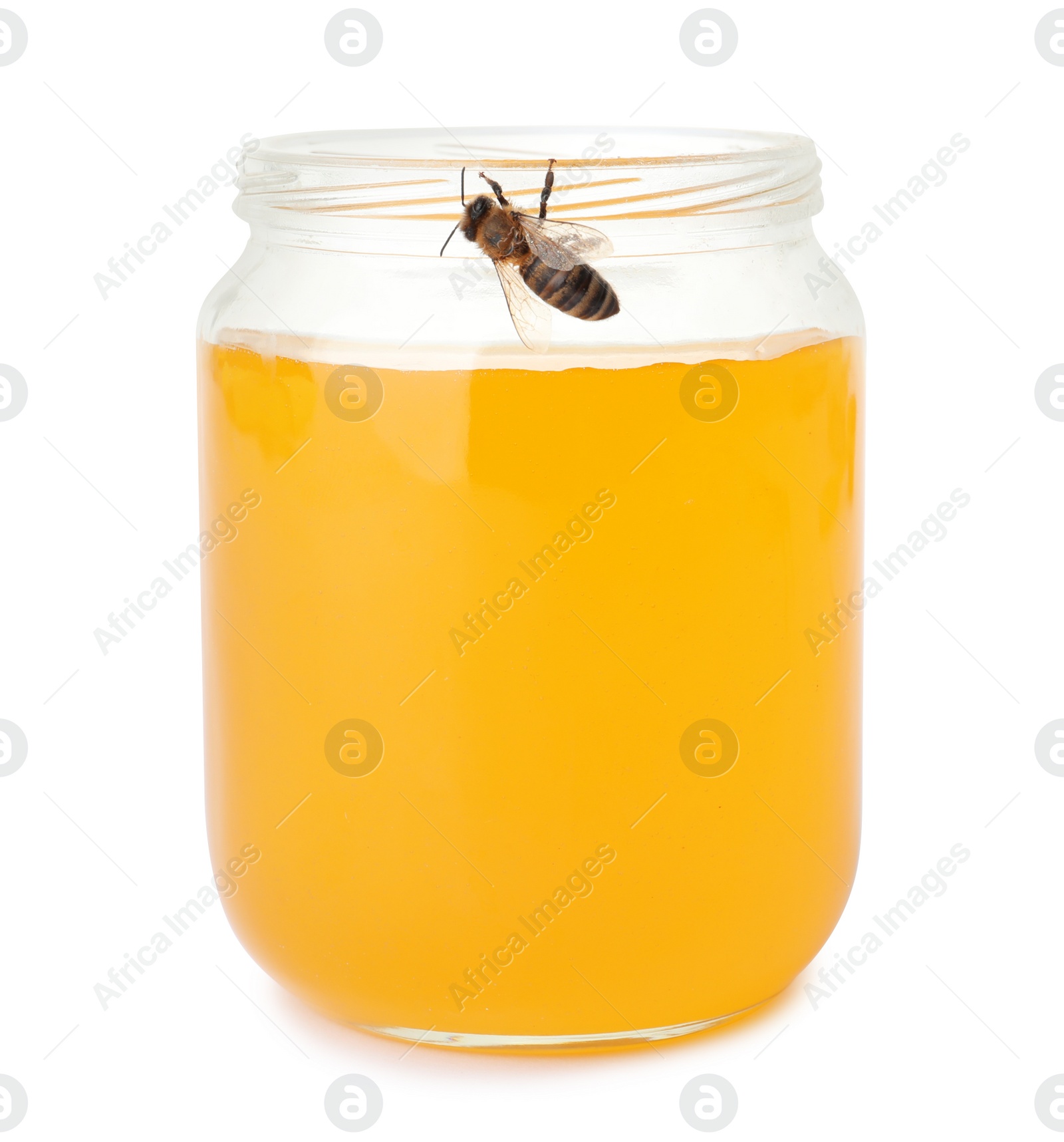 Photo of Jar with honey and bee on white background