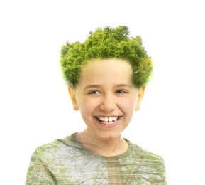 Double exposure of laughing boy and green tree on white background