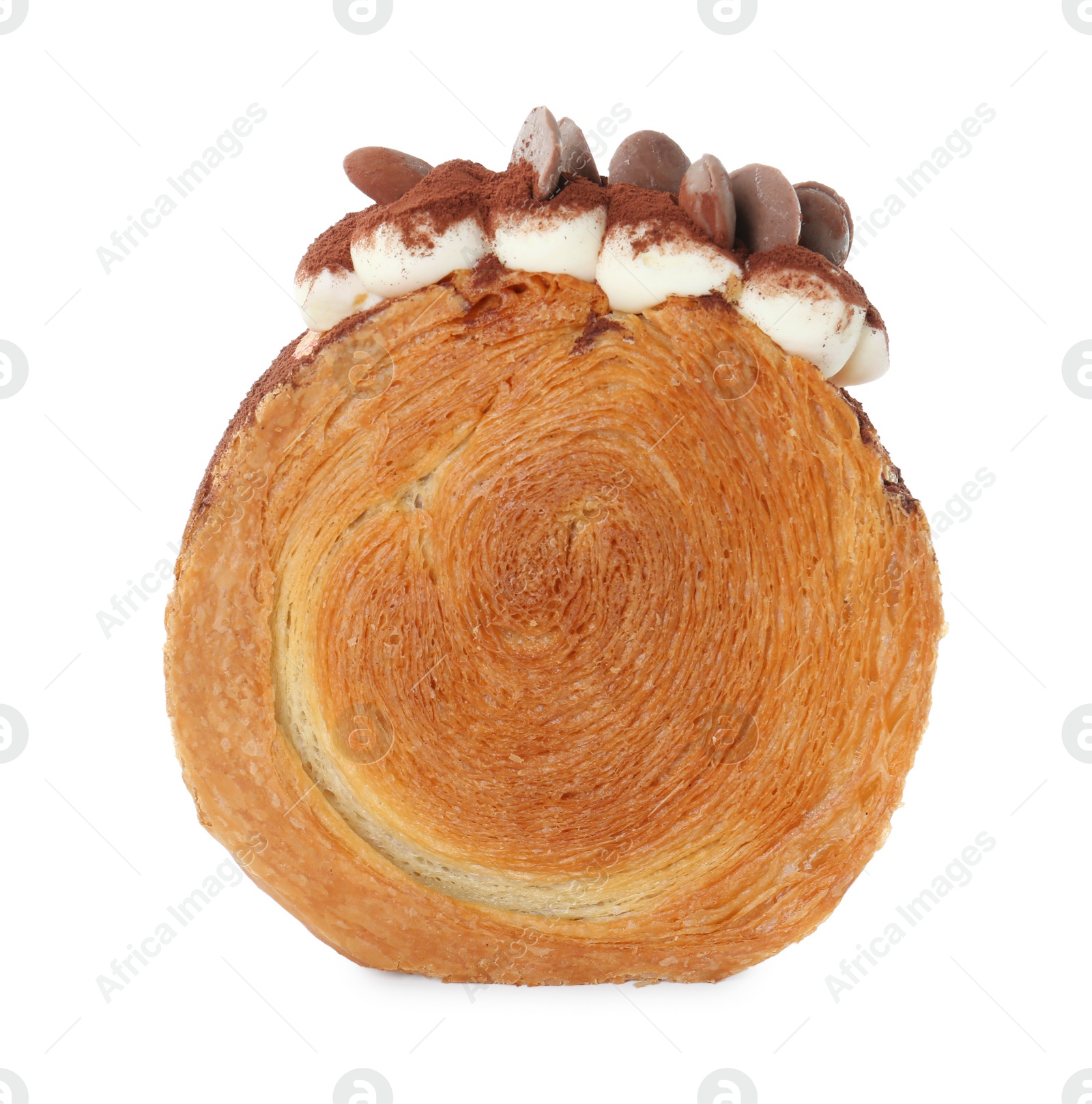 Photo of Round croissant with chocolate chips and cream isolated on white. Tasty puff pastry