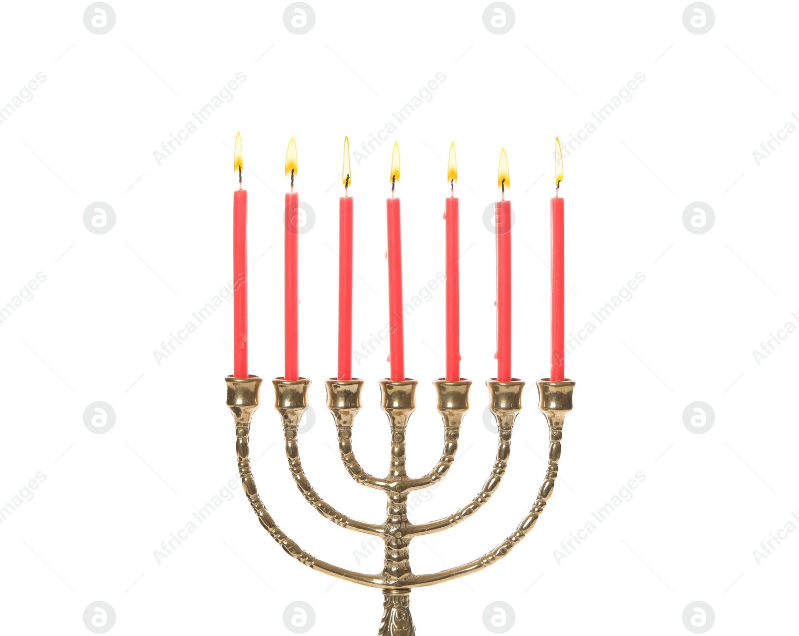 Photo of Golden menorah with burning candles on white background