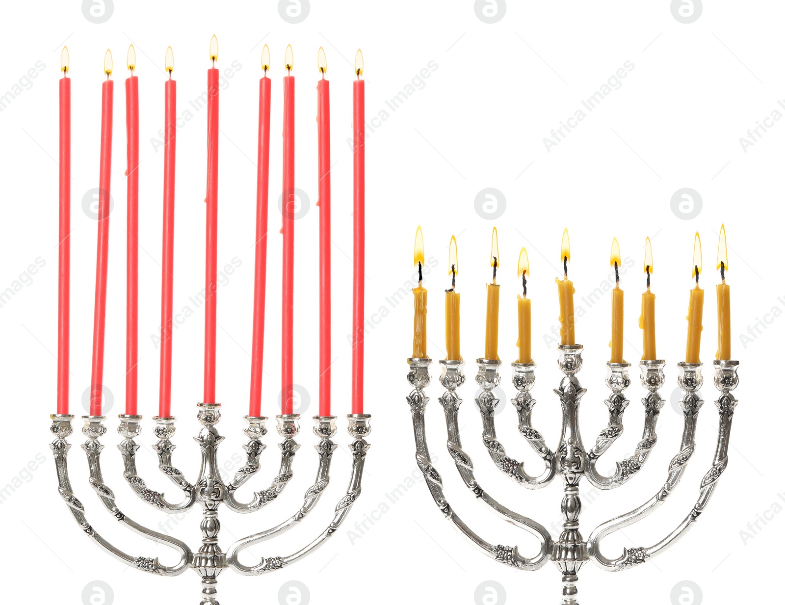 Image of Silver menorahs with burning candles on white background. Hanukkah celebration