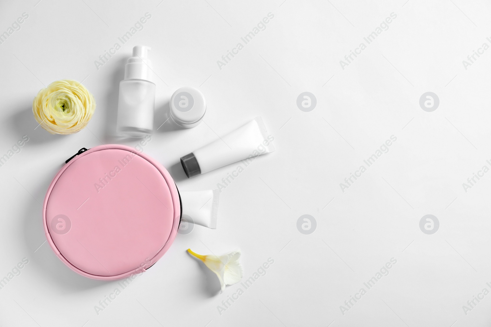 Photo of Flat lay composition with cosmetic products on white background