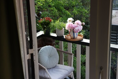 Different plants on railings and chair at cozy balcony outdoors