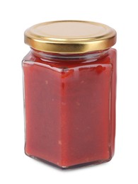 Photo of Organic ketchup in glass jar isolated on white. Tomato sauce