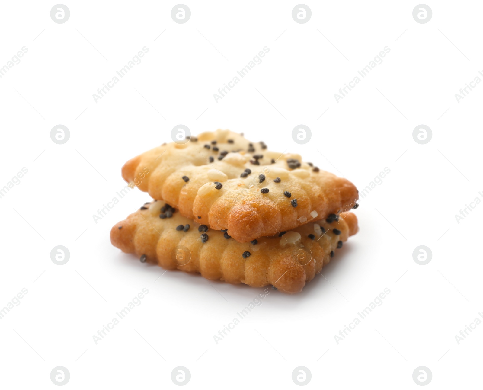 Photo of Delicious crispy crackers with poppy and sesame seeds isolated on white