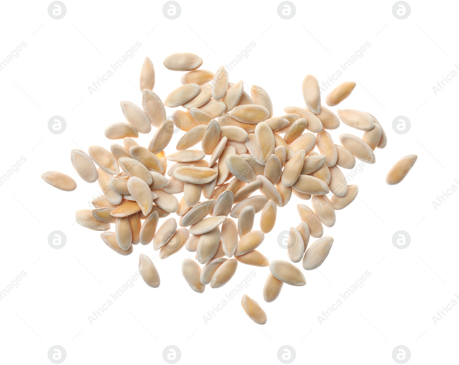 Photo of Pile of raw melon seeds on white background, top view. Vegetable planting