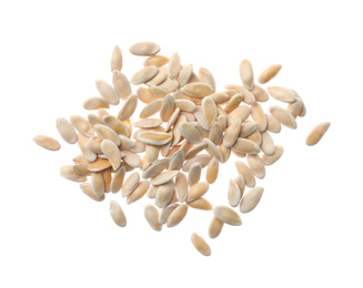 Photo of Pile of raw melon seeds on white background, top view. Vegetable planting