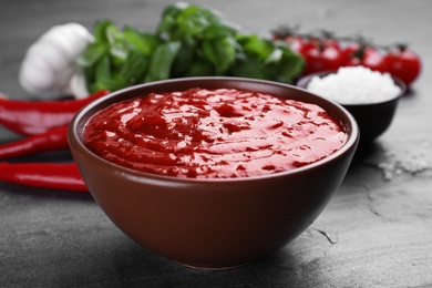 Photo of Bowl of spicy chili sauce on grey table, closeup