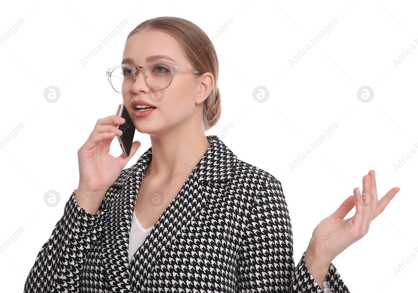 Photo of Young businesswoman talking on mobile phone against white background