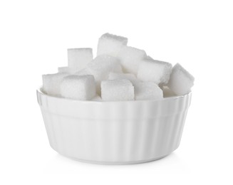 Sugar cubes in bowl on white background