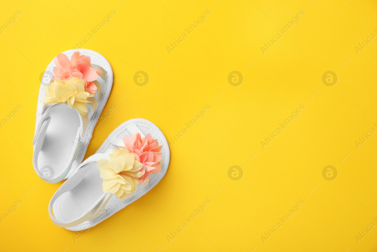 Photo of Pair of cute baby sandals on color background, top view