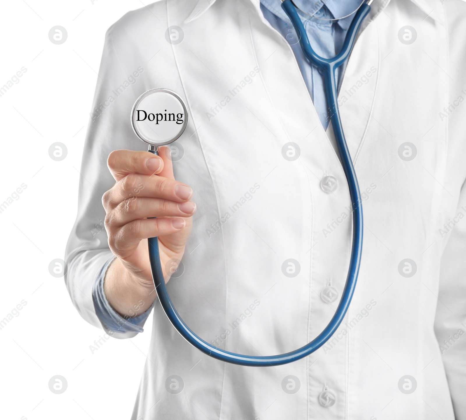 Image of Doctor with stethoscope on white background, closeup. Doping control 