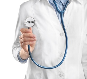 Image of Doctor with stethoscope on white background, closeup. Doping control 