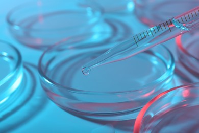 Dripping liquid from pipette into petri dish on light blue background, closeup