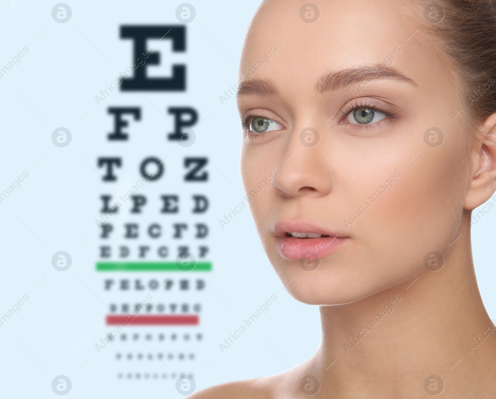 Image of Young woman and blurred eye chart on background. Visiting ophthalmologist 