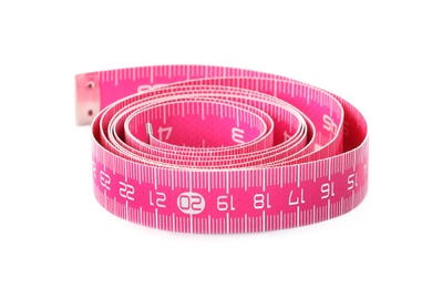 Long pink measuring tape isolated on white