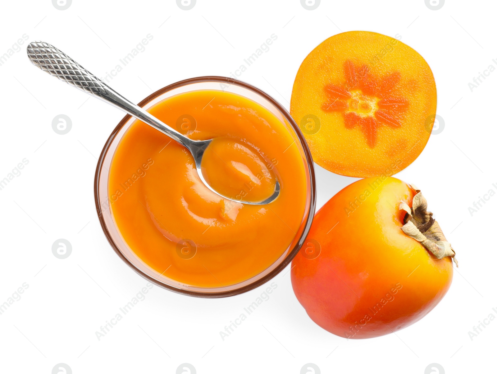 Photo of Delicious persimmon jam and fresh fruits isolated on white, top view