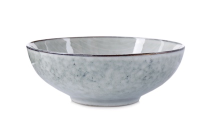 Photo of Empty grey ceramic bowl isolated on white