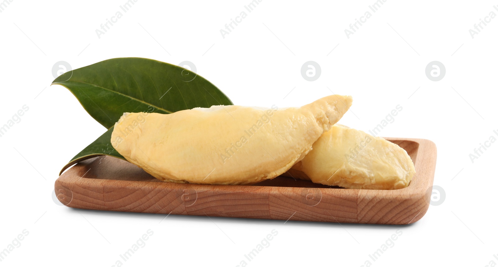 Photo of Peeled ripe durian with green leaves on white background