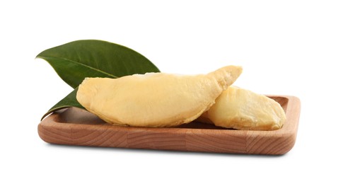 Peeled ripe durian with green leaves on white background