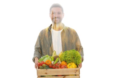 Image of Double exposure of happy farmer and wheat field on white background