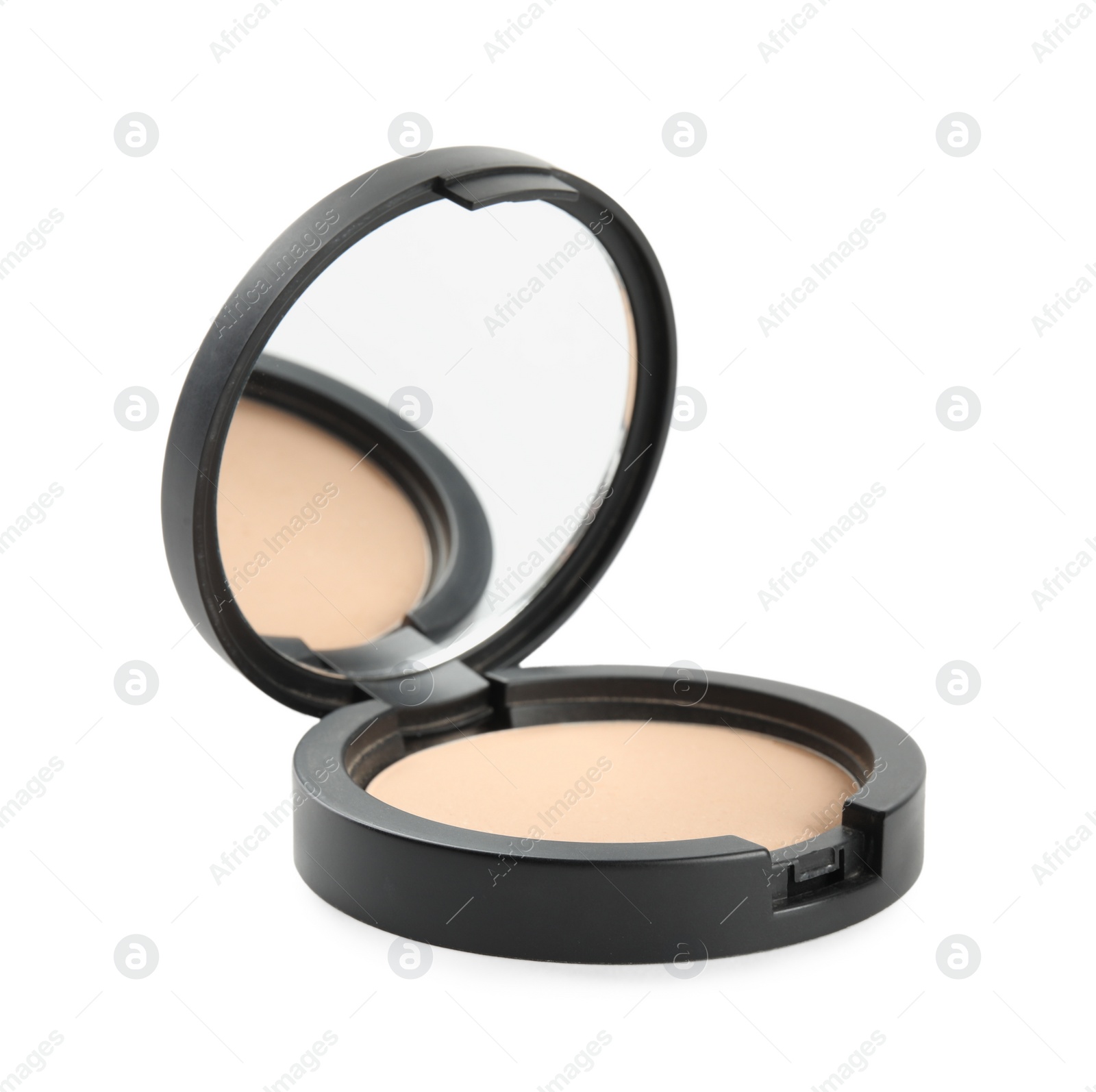 Photo of Black pocket powder with mirror isolated on white. Cosmetic product