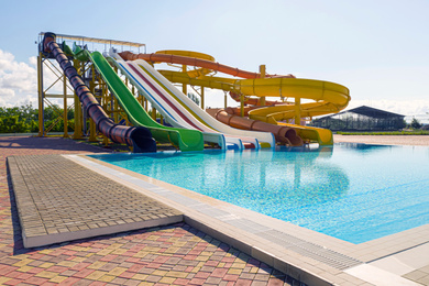 Image of View of colorful slides in water park