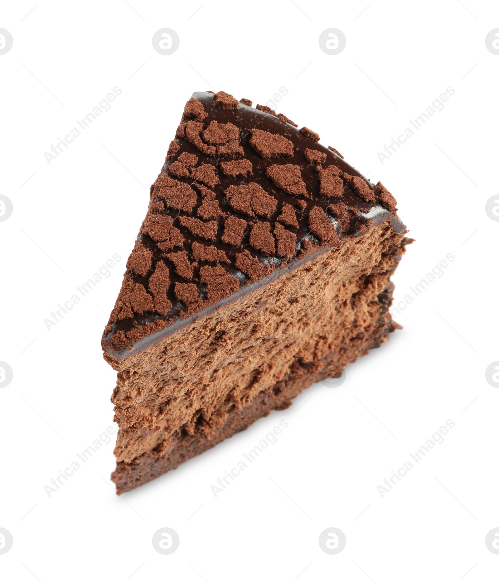 Photo of Piece of delicious chocolate truffle cake isolated on white