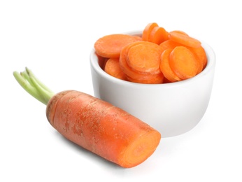 Photo of Tasty raw carrot with bowl isolated on white