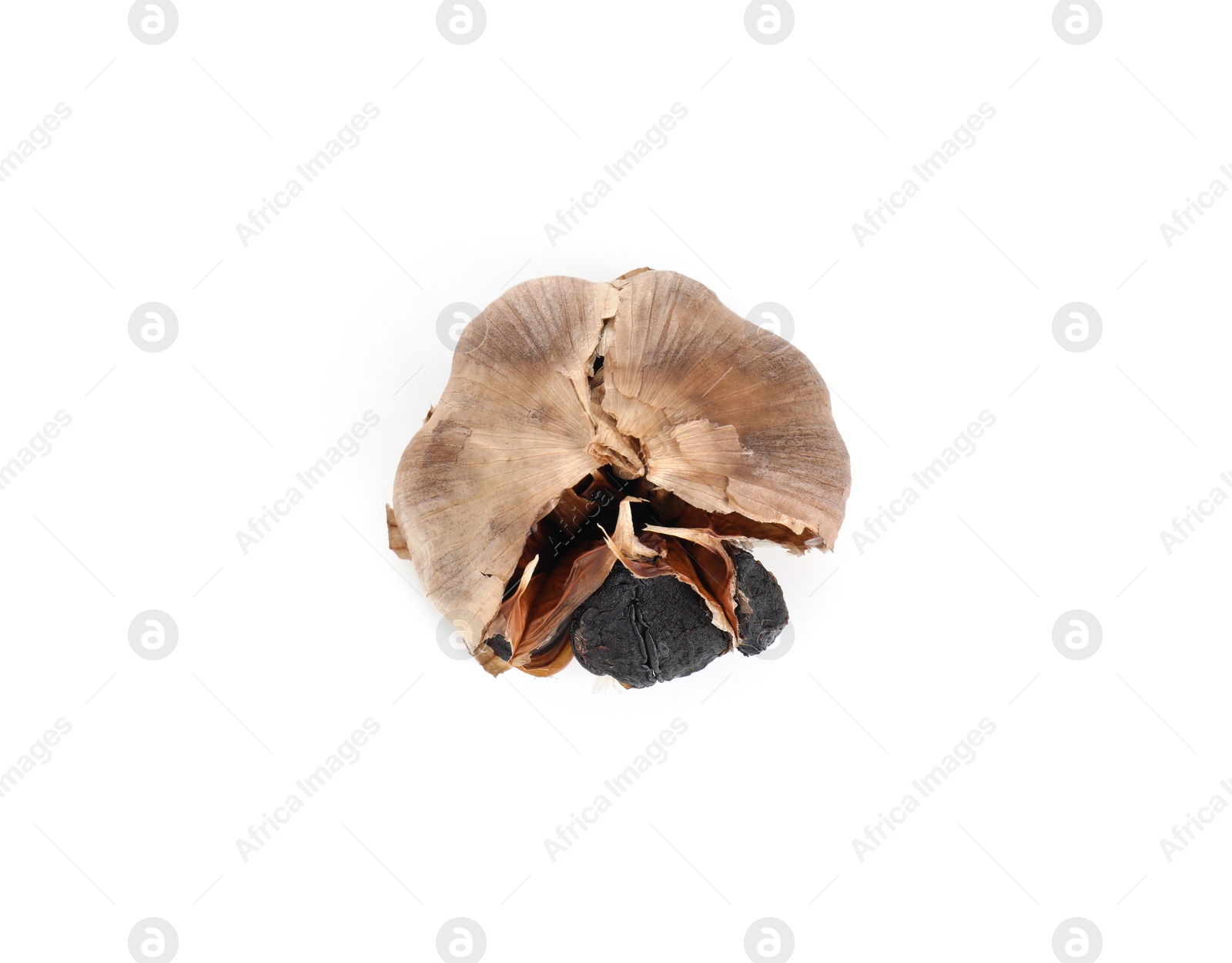 Photo of One bulb of fermented black garlic isolated on white, top view