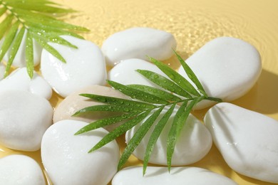 Spa stones and palm leaves in water on yellow background, closeup