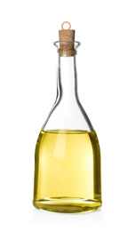 Photo of Cooking oil in glass bottle isolated on white