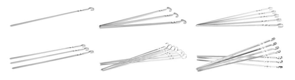 Image of Set with metal skewers on white background. Banner design