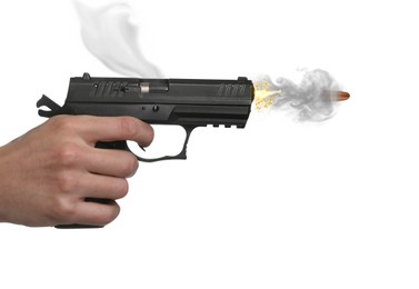 Image of Man shooting from gun on white background, closeup